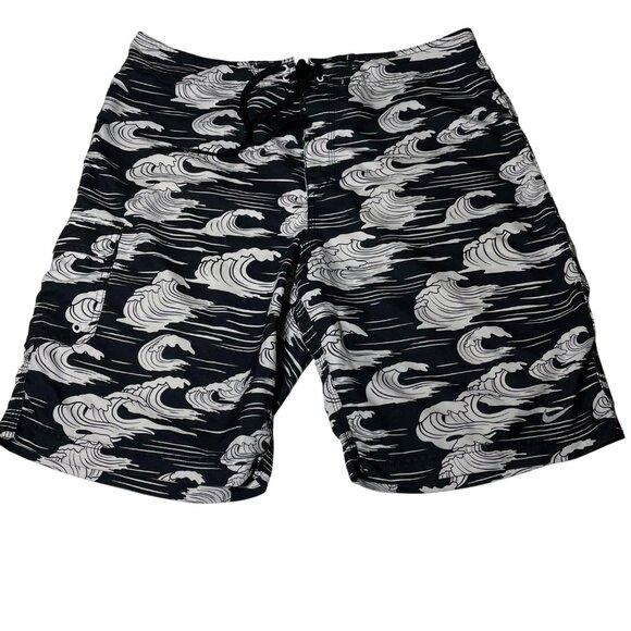 Nike Men's Size 36 Swim Trunks Shorts Balck & white‎ Wave Print - Picture 1 of 10